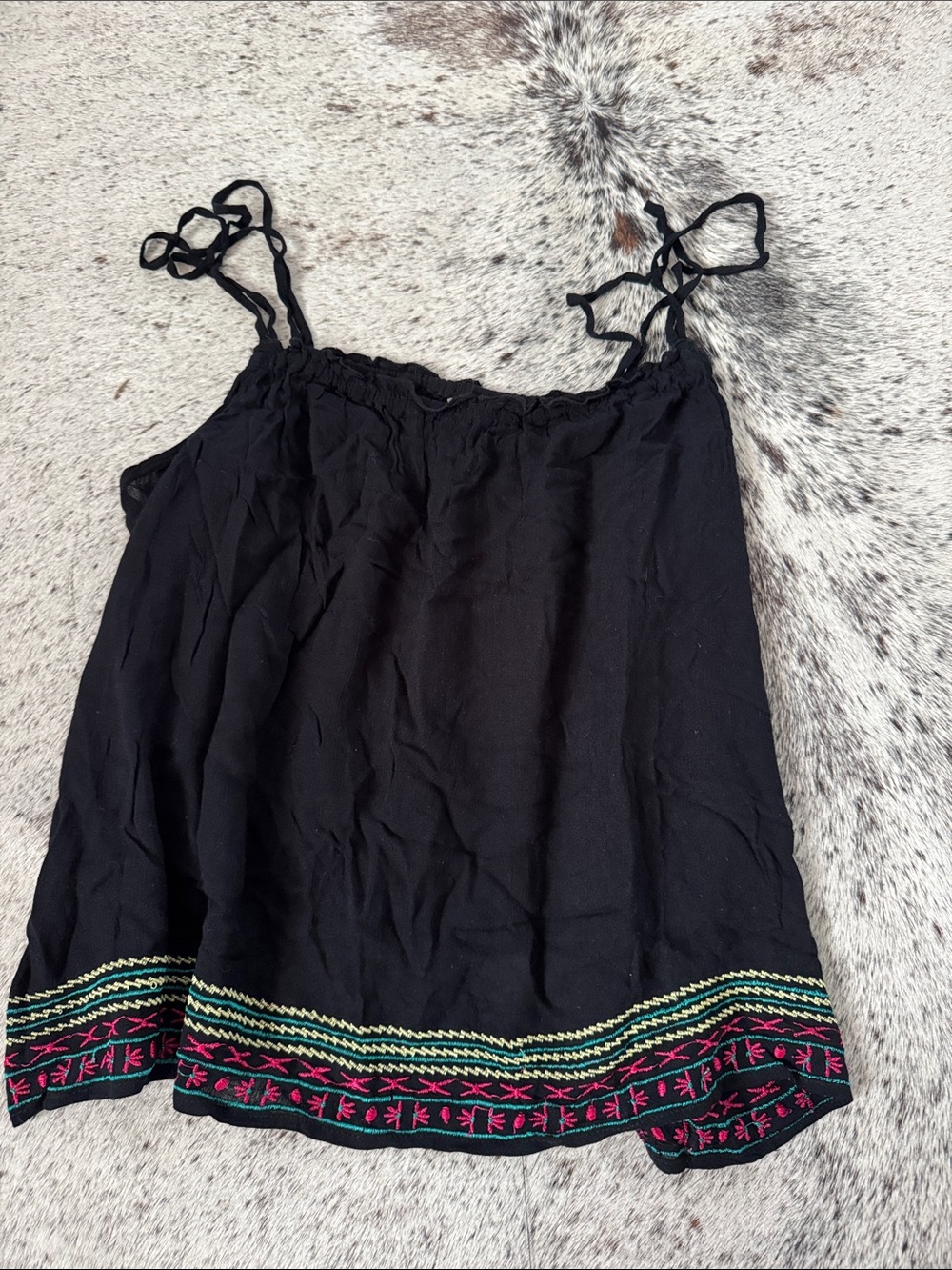 Passport Black Tie-Shoulder Camisole with Pink and Green Embroidered Hem
